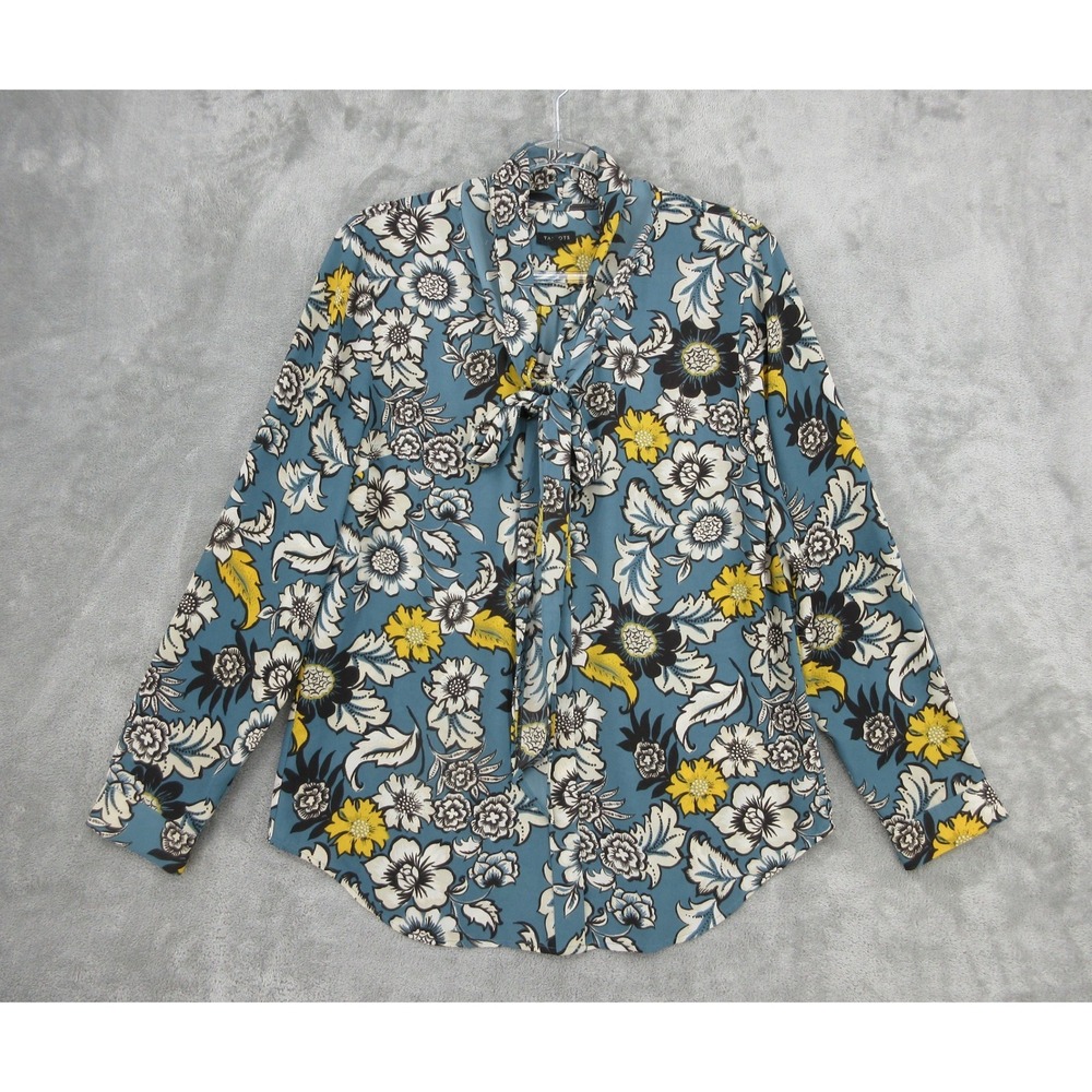 Talbots Blouse Womens Size Blue Floral Tie Neck Office Career Boho Vibrant Artsy